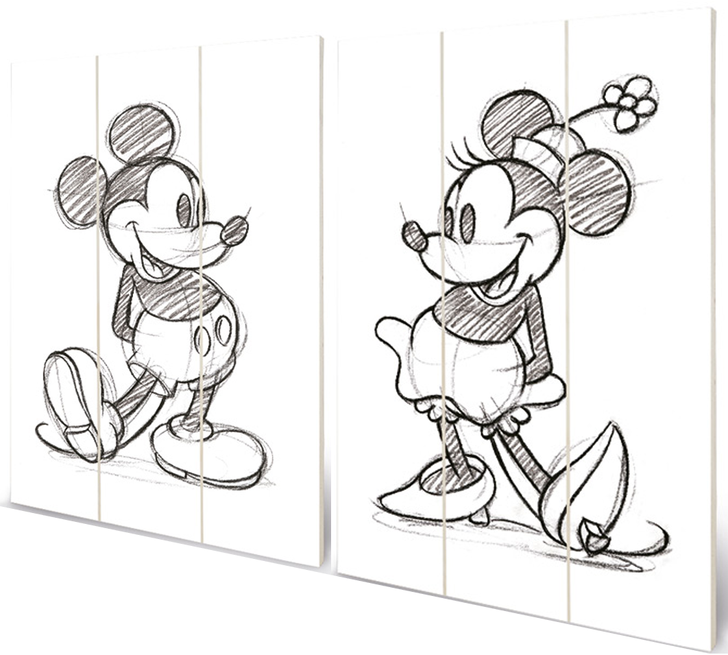 Disney Wood print Mickey Mouse and Minnie Mouse sketched