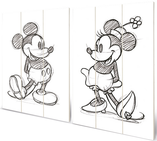 Disney Wood print Mickey Mouse and Minnie Mouse sketched